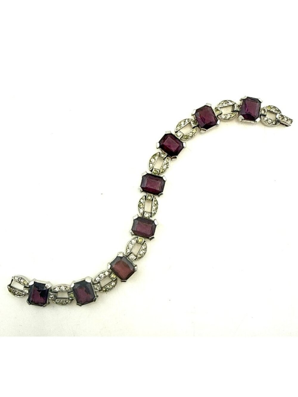 Trifari Bracelet Purple Rhinestone Gem Art Deco Link Silver Tone Emerald Cut